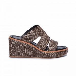 Sandalias Cuña Bernardo Kaian Raffia Mujer Negras Marrones | PGB525OJ