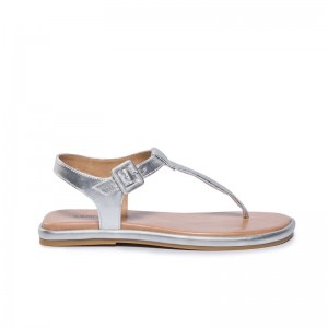 Sandalias Planas Bernardo Tucson T-Strap Mujer Plateadas | HDQ1226CO